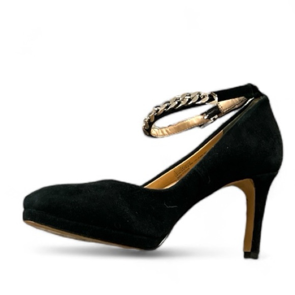 UKIES Nanogel Technology Black Soft Velvet Leather Heels W Silver Chain Size 8